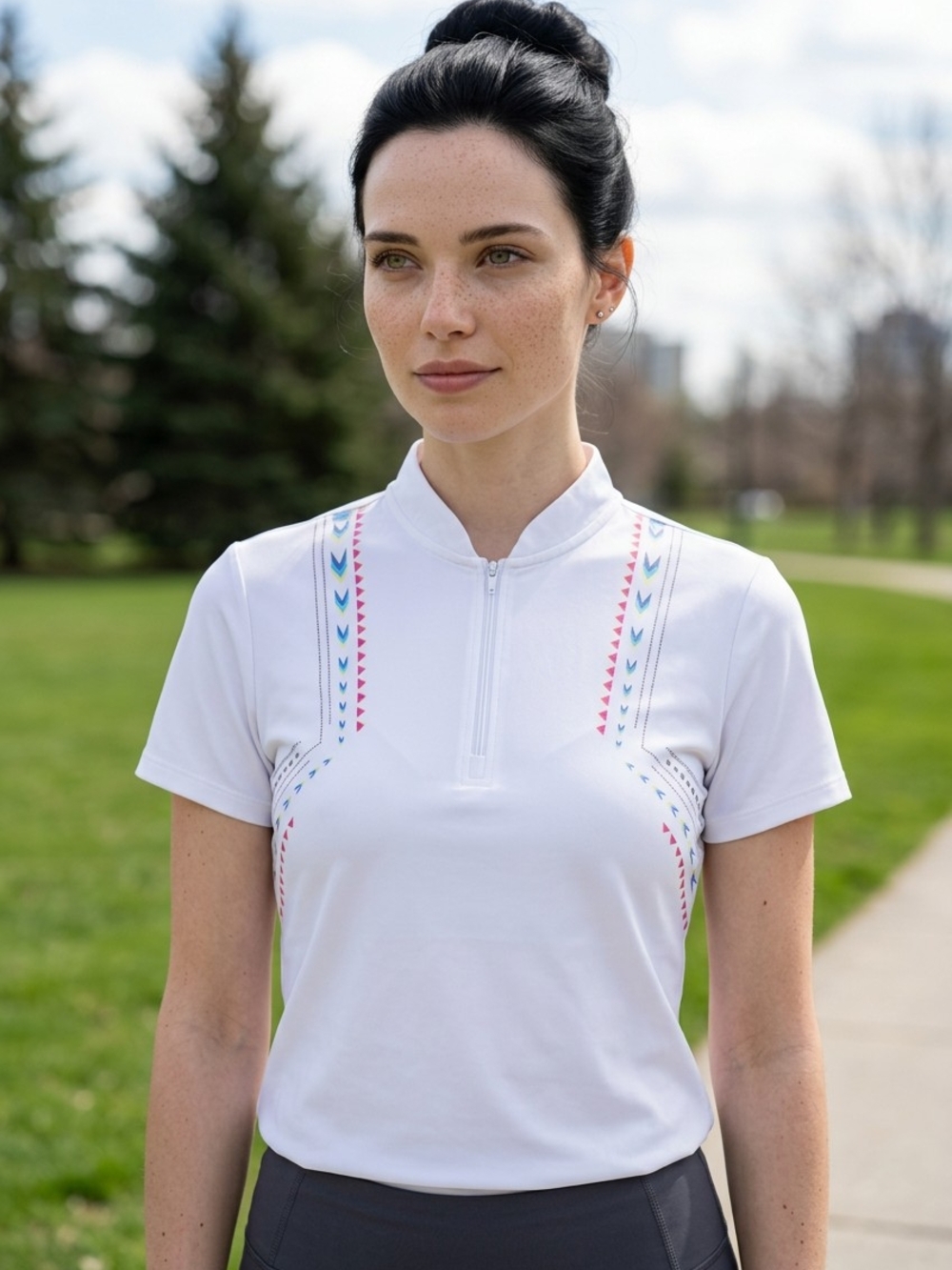 Lucky in Love White Short-Sleeve Zip Polo with Pink and Blue Trim